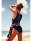 Fashion Black Pit Strip Belted One Piece Swimsuit