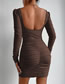 Fashion Light Brown Solid Color Pleated Square Neck Long Sleeve Dress
