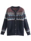 Fashion Navy Blue Printed Crew Neck Knitted Sweater Cardigan