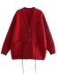 Fashion Red V-neck Buttoned Double-pocket Knitted Cardigan