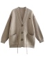 Fashion Brown V-neck Buttoned Double-pocket Knitted Cardigan