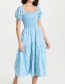 Fashion Blue Printed Square Neck Pleated Pillow Dress