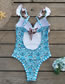 Fashion Blue Print + Leopard Leaves Printed One-piece Swimsuit