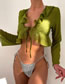 Fashion Green Chiffon Ruffle Neck Long Sleeve Top