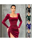 Fashion Red Wine Square Neck Folded High Waist Slit Dress