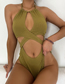 Fashion Olive Green Polyester Geometric Halter Cutout One Piece Swimsuit