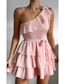 Fashion Pink Chiffon Slant-shoulder Polka-dot Tiered Dress