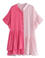Fashion Pink And Rose Red Rayon Colorblock Lace Irregular Hem Shirt Dress