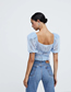 Fashion Blue Mesh V-neck Tie Puff Sleeve Cropped Top