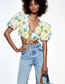 Fashion Yellow Printed V-neck Tie Puff Sleeve Cropped Top