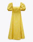Fashion Yellow Printed Square Neck Puff Sleeve Bow Dress