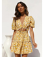 Fashion Yellow Flower Printed V-neck Cutout Dress