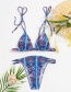 Fashion Blue Printed Deep V Triangle Gather Open Back Tether Split Swimsuit