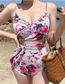 Fashion Printing Gathered Lace-up Halter One-piece Swimsuit