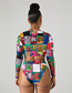 Fashion Geometric Print Graffiti Printed Zipper Long-sleeved Sunscreen Split Swimsuit