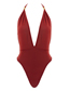 Fashion Red Wine Pure Color Halterneck Deep V One-piece Swimsuit