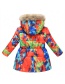 Fashion Navy Blue Large Fur Collar Hooded Printed Mid-length Childrens Jacket