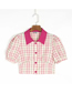 Fashion Pink Plaid Plaid Buttoned Short Sleeve Shirt Top