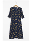 Fashion Navy Blue Floral Floral Print Split Short Sleeve Dress