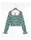 Fashion Green Floral Floral Print Square Neck Tether Long Sleeve Top