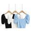 Fashion Blue Puff Sleeve Square Neck Knitted T-shirt Top
