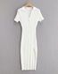 Fashion White Solid Color Pit Strip Knit Short Sleeve Side Slit Dress