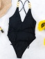 Fashion Black Solid Color Metal Ring V-neck One-piece Swimsuit