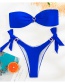 Fashion Royal Blue Gathered Solid Color Diamond Knotted Tube Top Split Swimsuit