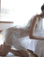 Fashion White Mesh Embroidery Lace-up Halterneck See-through Pajama Set