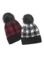 Fashion Red Children S Knitted Hat With Square Lattice Curled Edge And Color Matching Wool Ball