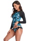 Fashion Blue Printed Long Sleeve Split Swimsuit Wetsuit
