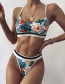 Fashion Green Leaf Print Solid Color Strappy Split Swimsuit