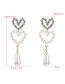 Fashion White Long Pearl Alloy Double Heart Earrings With Diamonds