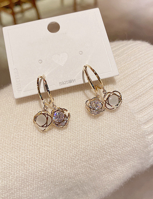 Fashion Real Gold Plated Hollow Zircon Opal Flower Earrings