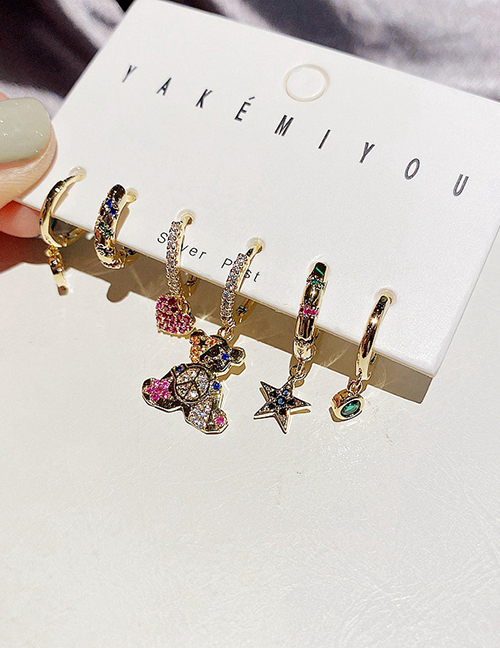 Fashion Real Gold Plated Colorful Zircon Micro-inlaid Love Bear Earrings Set