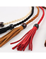 Fashion Camel Thin Leather Belt Wooden Bead Super Long Tassel Waist Rope