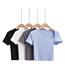 Fashion Blue Solid Color Diagonal Slant Neck T-shirt