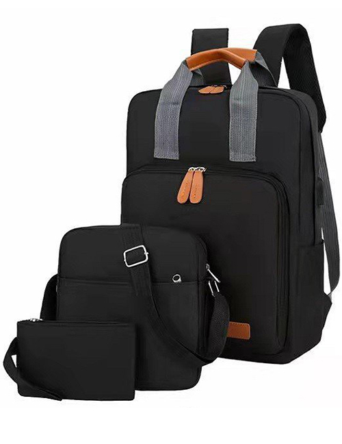 Fashion Gray Three-piece Computer Backpack With Nylon Zipper Chain With Data Cable
