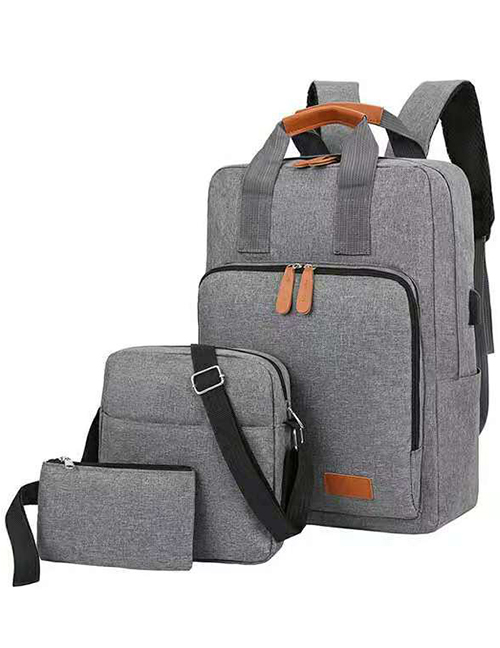 Fashion Gray Three-piece Computer Backpack With Nylon Zipper Chain With Data Cable