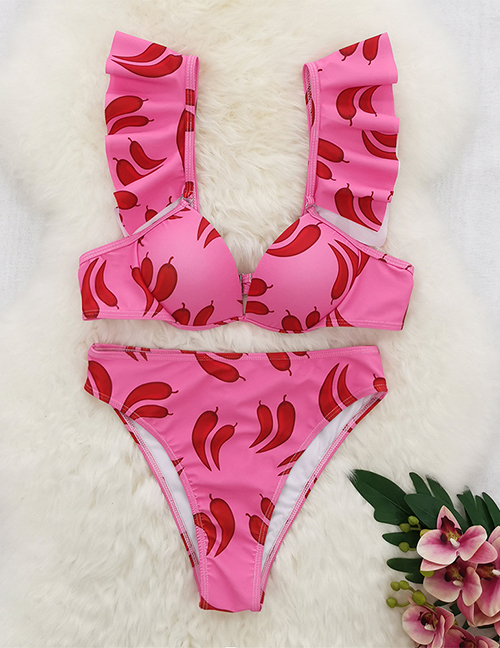 Fashion Pink Pepper Printed Ruffled Split Swimsuit