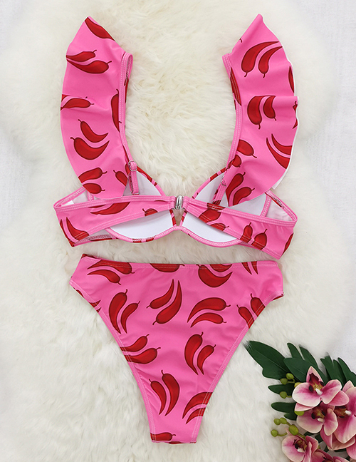 Fashion Pink Pepper Printed Ruffled Split Swimsuit