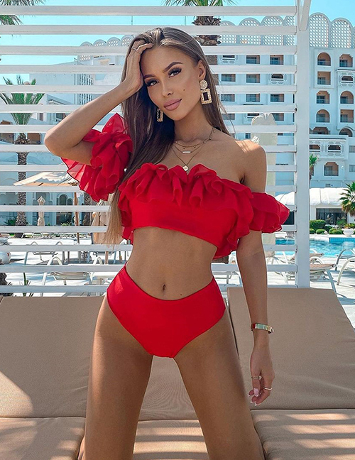 Fashion Red Ruffled Solid Color One-shoulder Split Swimsuit