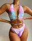 Fashion Pink Lace-up Smudge Cross-piece Swimsuit