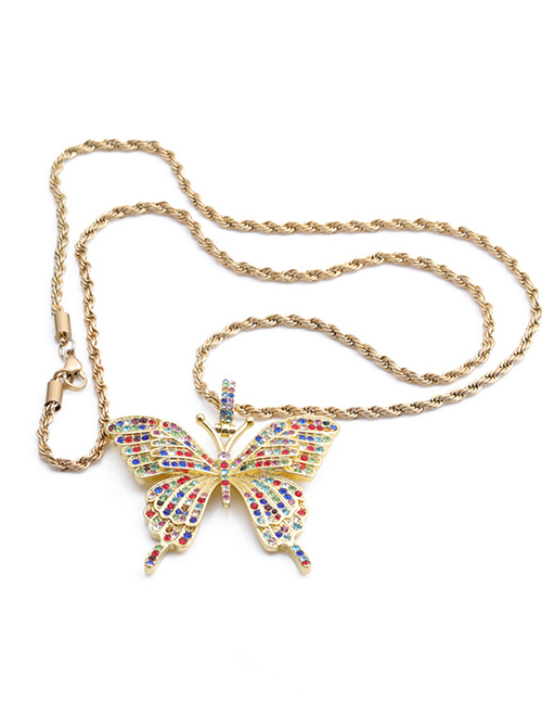 Fashion Color Butterfly+60cm Titanium Steel Twist Chain Alloy Rhinestone Butterfly Titanium Steel Twist Chain Necklace