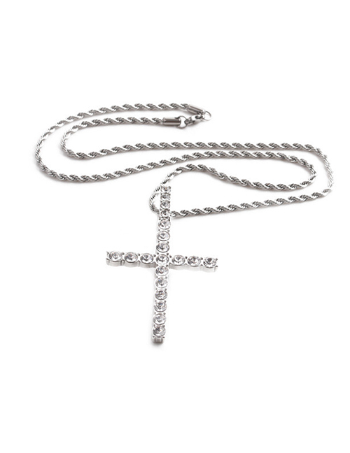 Fashion White K Color Cross+60cm Titanium Steel Twist Chain Stainless Steel Twist Chain Cross Necklace
