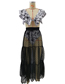 Fashion Black Flower Bikini On White Three-piece Printed V-neck Lotus Leaf Sleeve Swimsuit Gauze Skirt