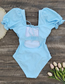 Fashion Blue Puff Sleeve Strappy One-piece Swimsuit