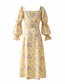 Fashion Yellow Printed Slit Lace-up Lotus Root Sleeve Dress