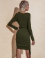Fashion Army Green Long Sleeve V-neck Pleated Drawstring Dress