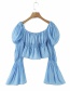 Fashion Blue Pleated Waist Long-sleeved Top